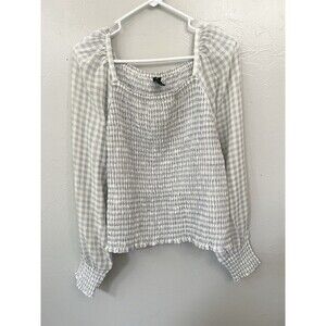 Ann Taylor Long Sleeved Gingham Square Neck Smocked Top Sz XL White Gray Top